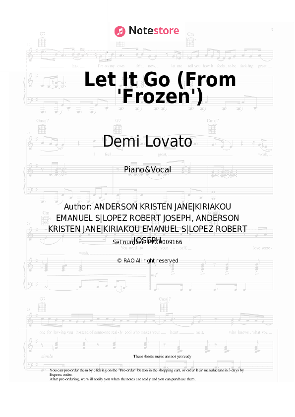 Let It Go (From 'Frozen') - Demi Lovato Piano Sheet Music with the Voice part - Piano&Vocal