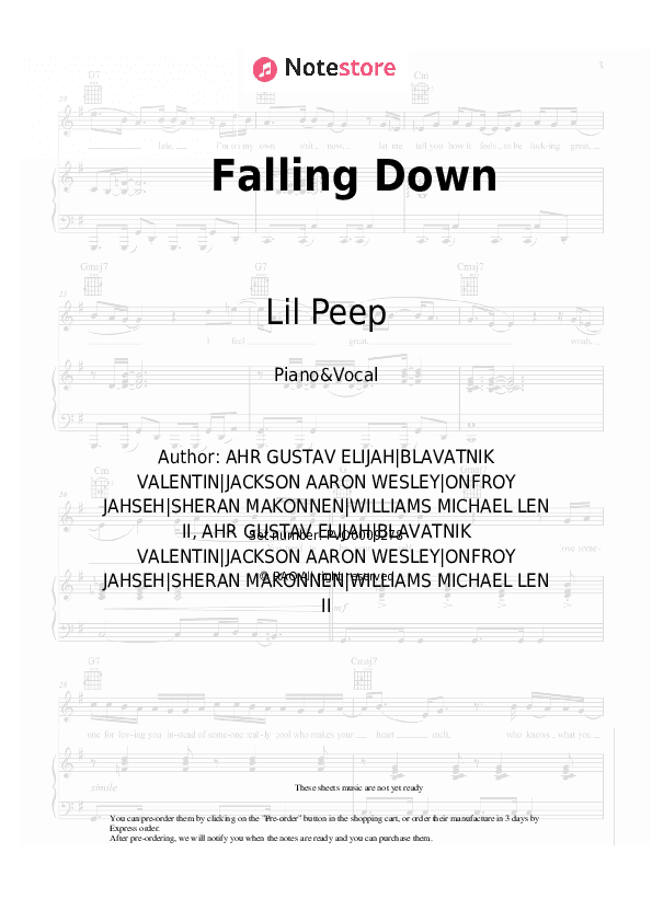 Falling Down - Lil Peep, XXXTentacion Piano Sheet Music with the Voice part - Piano&Vocal