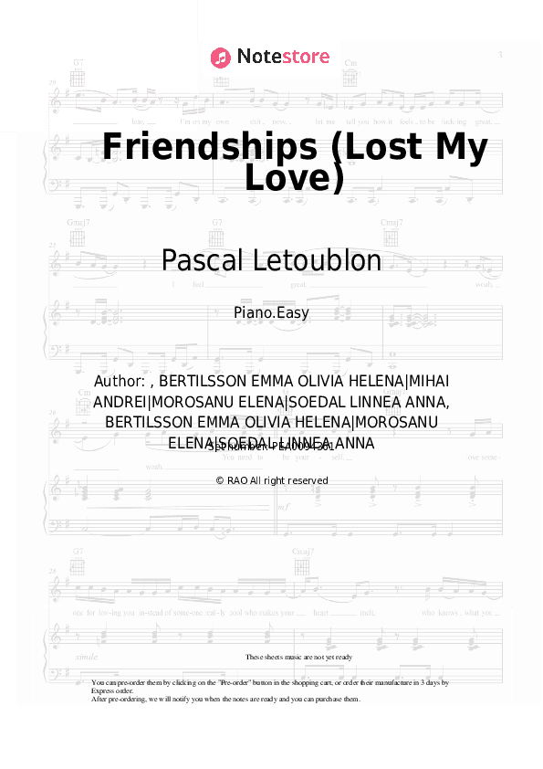 Friendships (Lost My Love) - Pascal Letoublon, Leony Piano Sheet Music Easy - Piano.Easy