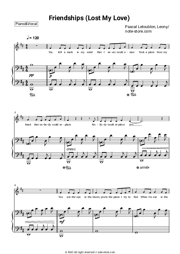 Friendships (Lost My Love) - Pascal Letoublon, Leony Piano Sheet Music with the Voice part - Piano&Vocal