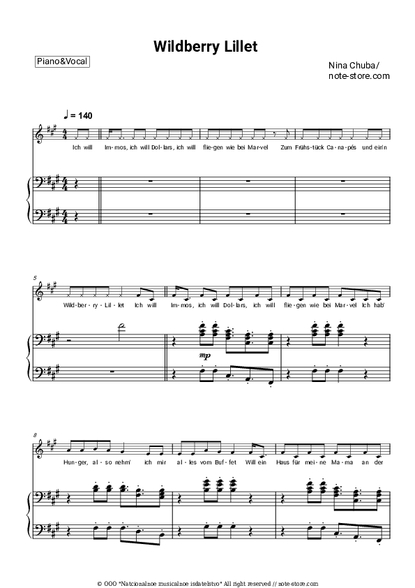 Wildberry Lillet - Nina Chuba Piano Sheet Music with the Voice part - Piano&Vocal