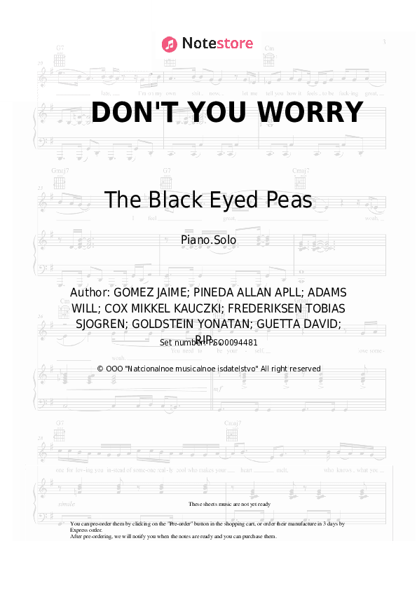 DON'T YOU WORRY - The Black Eyed Peas, Shakira, David Guetta Piano Sheet Music - Piano.Solo