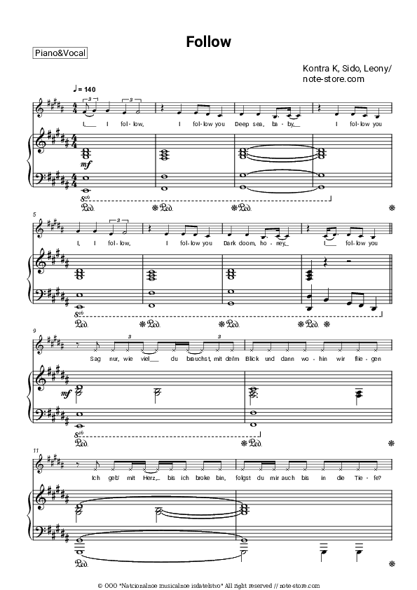 Follow - Kontra K, Sido, Leony Piano Sheet Music with the Voice part - Piano&Vocal