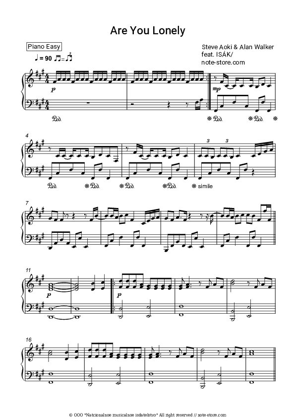 Are You Lonely - Steve Aoki, Alan Walker, ISÁK Piano Sheet Music Easy - Piano.Easy