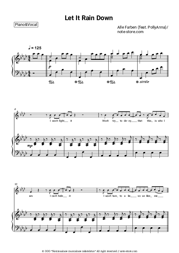 Let It Rain Down - Alle Farben, PollyAnna Piano Sheet Music with the Voice part - Piano&Vocal