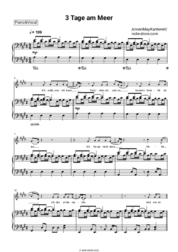 3 Tage am Meer - AnnenMayKantereit Piano Sheet Music with the Voice part - Piano&Vocal