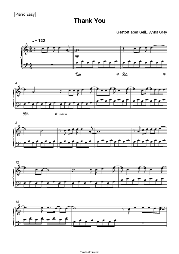 Thank You - Gestort aber GeiL, Anna Grey Piano Sheet Music Easy - Piano.Easy