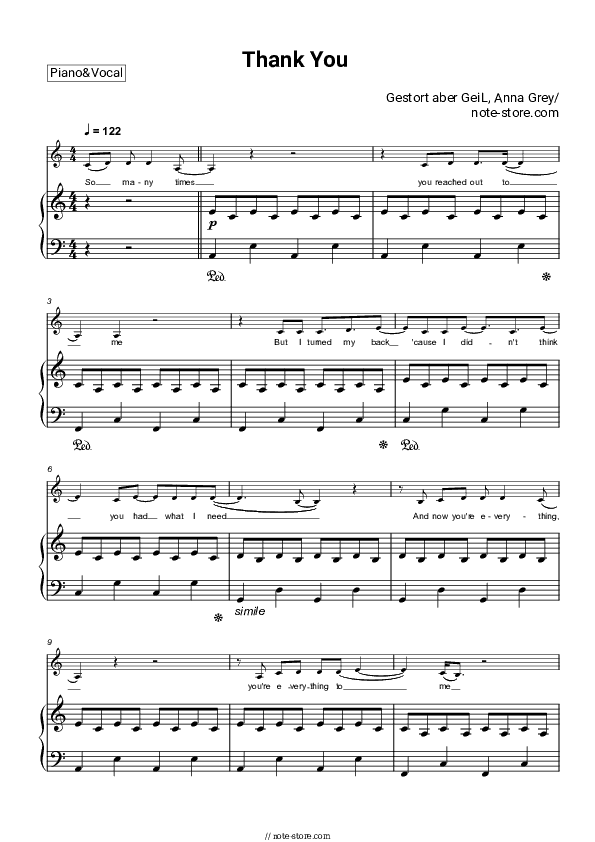 Thank You - Gestort aber GeiL, Anna Grey Piano Sheet Music with the Voice part - Piano&Vocal