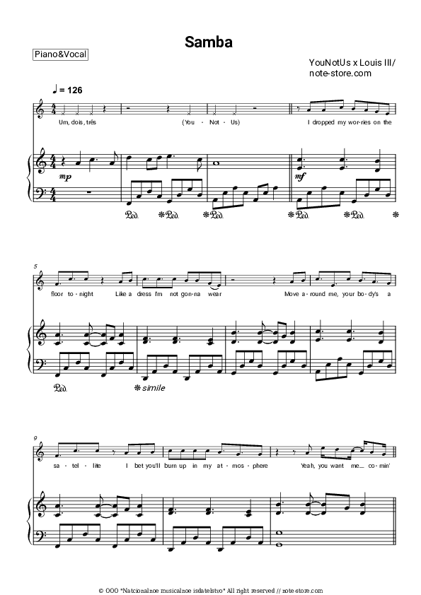 Samba - YOUNOTUS, Louis III Piano Sheet Music with the Voice part - Piano&Vocal