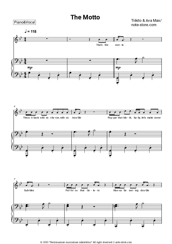 The Motto - Tiësto, Ava Max Piano Sheet Music with the Voice part - Piano&Vocal