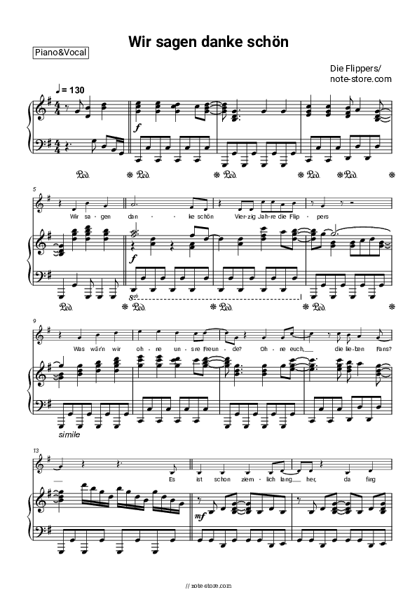 Wir sagen danke schön - Die Flippers Piano Sheet Music with the Voice part - Piano&Vocal