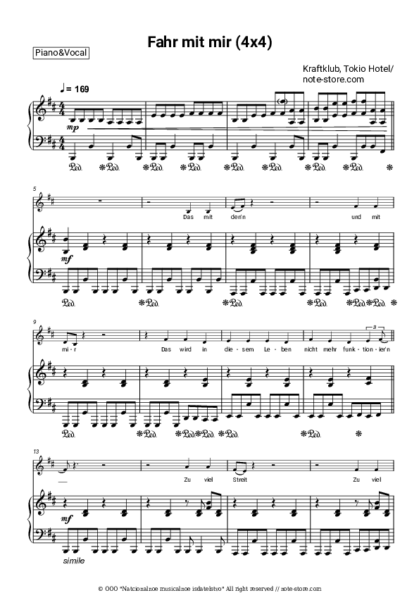 Fahr mit mir (4x4) - Kraftklub, Tokio Hotel Piano Sheet Music with the Voice part - Piano&Vocal