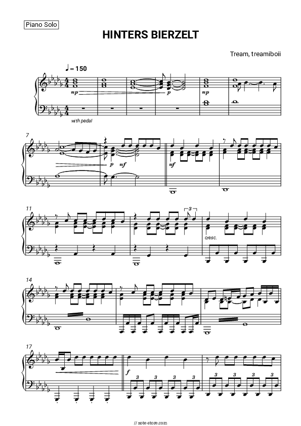 HINTERS BIERZELT - Tream, treamiboii Piano Sheet Music - Piano.Solo