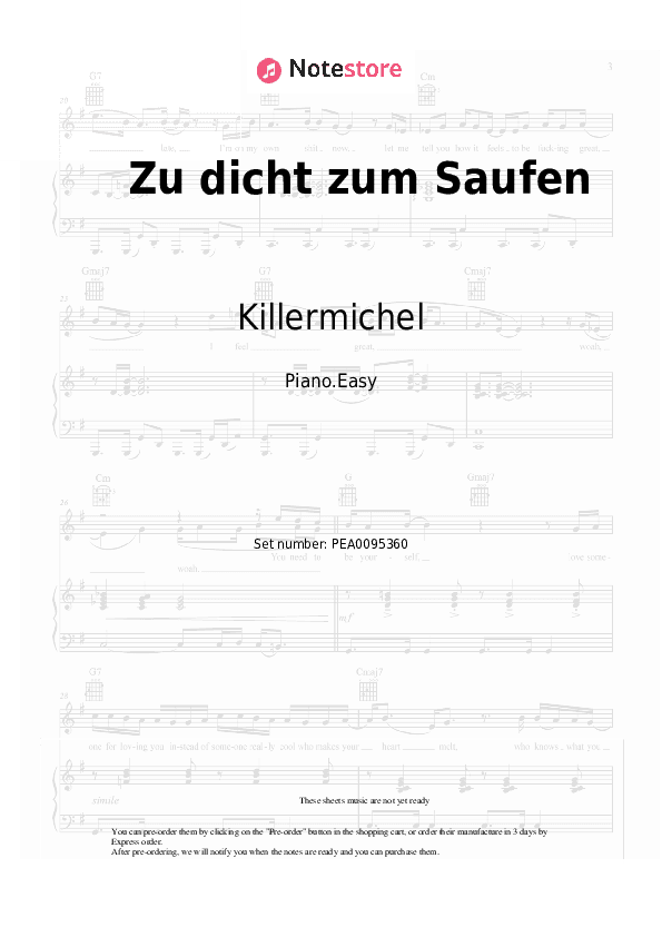 Zu dicht zum Saufen - Killermichel Piano Sheet Music Easy - Piano.Easy