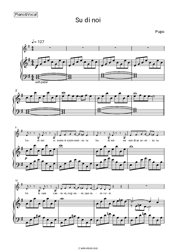 Su di Noi - Pupo Piano Sheet Music with the Voice part - Piano&Vocal