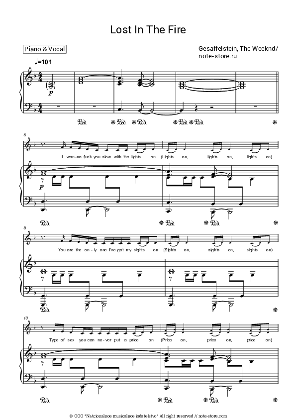 Lost in the Fire - Gesaffelstein, The Weeknd Piano Sheet Music with the Voice part - Piano&Vocal