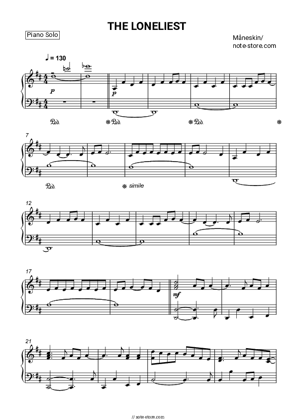 THE LONELIEST - MÄneskin Piano Sheet Music - Piano.Solo