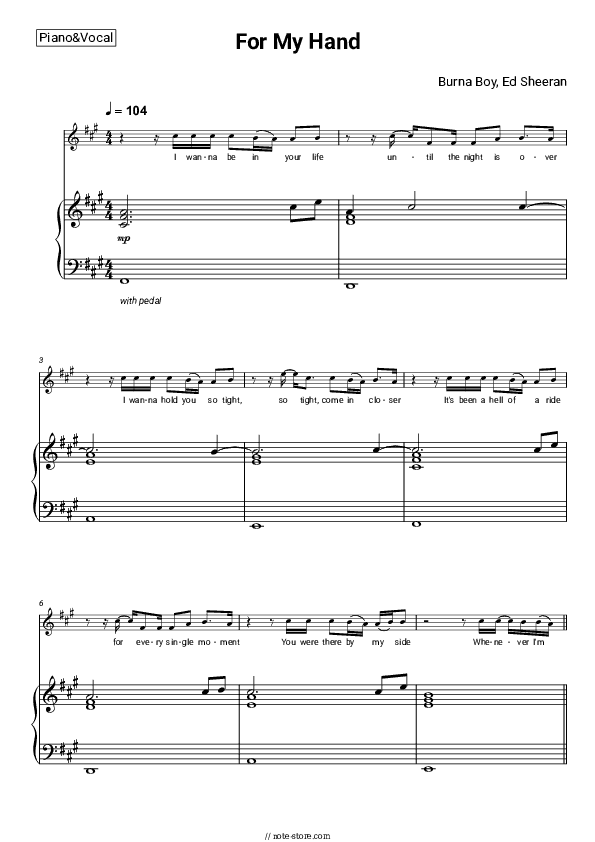 For My Hand - Burna Boy, Ed Sheeran Piano Sheet Music with the Voice part - Piano&Vocal