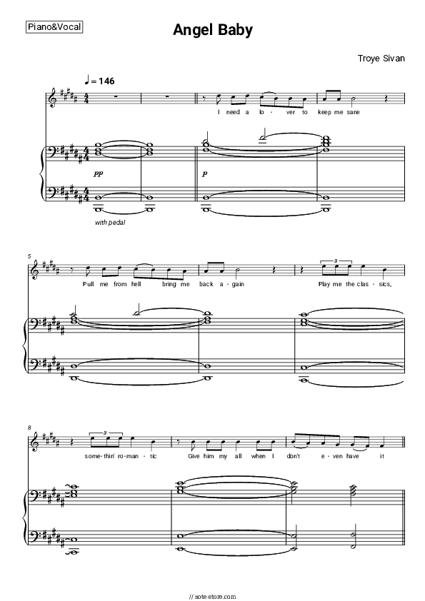 Angel Baby - Troye Sivan Piano Sheet Music with the Voice part - Piano&Vocal