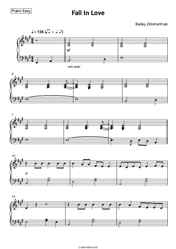 Fall In Love - Bailey Zimmerman Piano Sheet Music Easy - Piano.Easy