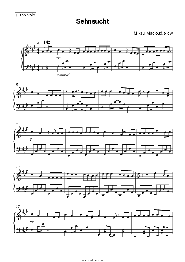 Sehnsucht - Miksu, Macloud, t-low Piano Sheet Music - Piano.Solo