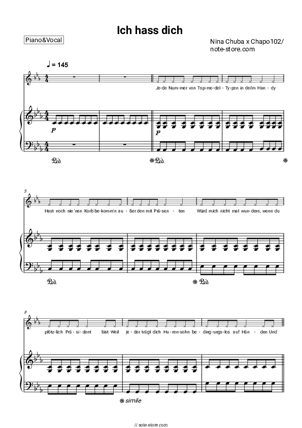 Ich hass dich - Nina Chuba, Chapo102 Piano Sheet Music with the Voice part - Piano&Vocal