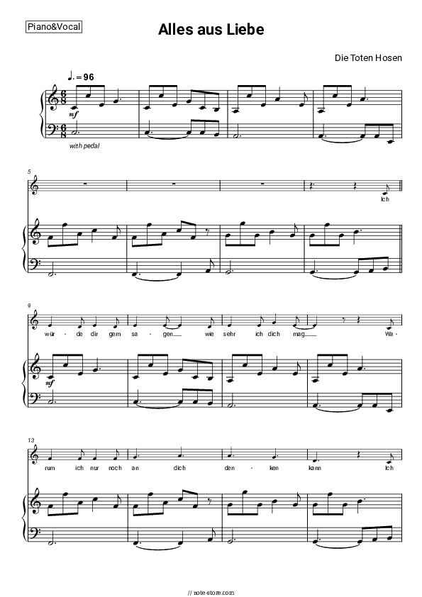 Alles aus Liebe - Die Toten Hosen Piano Sheet Music with the Voice part - Piano&Vocal