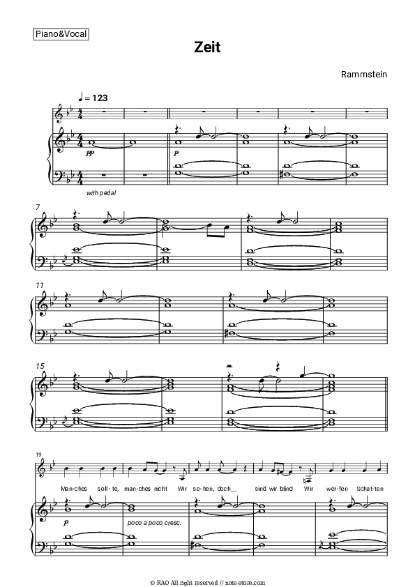 Zeit - Rammstein Piano Sheet Music with the Voice part - Piano&Vocal