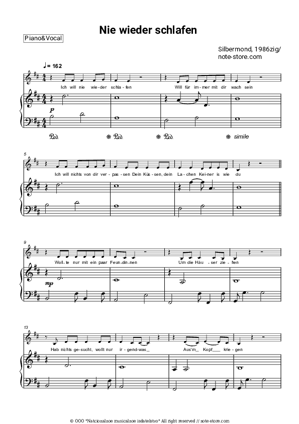Nie wieder schlafen - Silbermond, 1986zig Piano Sheet Music with the Voice part - Piano&Vocal
