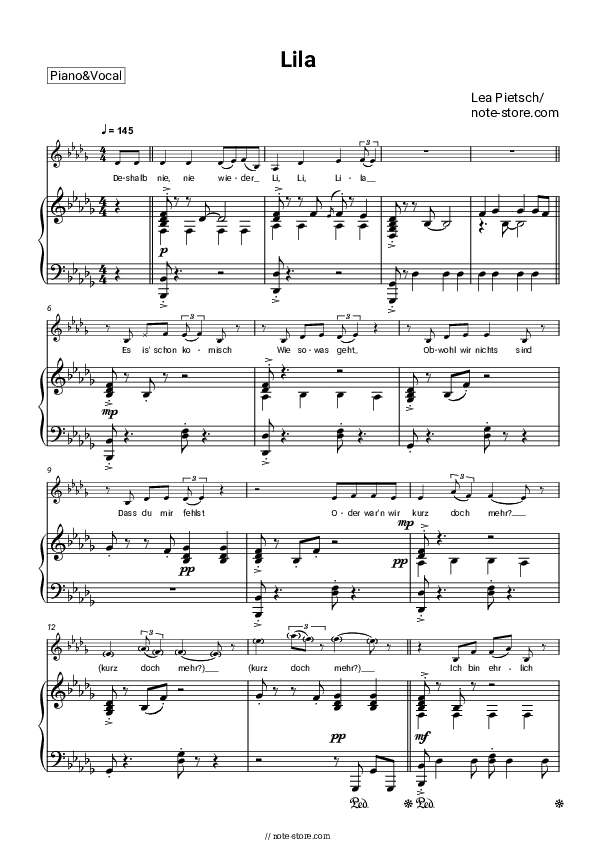 Lila - Lea Pietsch Piano Sheet Music with the Voice part - Piano&Vocal