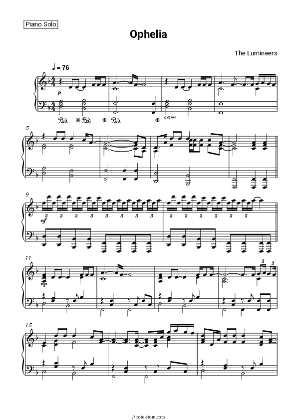 Ophelia - The Lumineers Piano Sheet Music - Piano.Solo