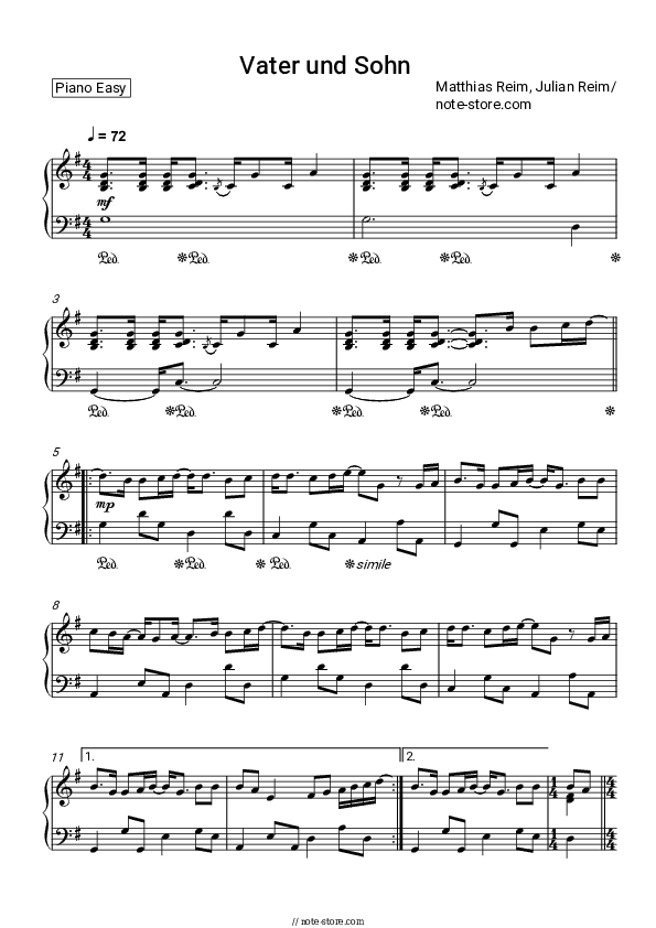 Vater und Sohn - Matthias Reim, Julian Reim Piano Sheet Music Easy - Piano.Easy