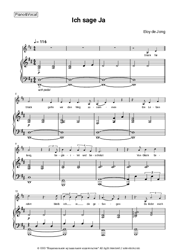 Ich sage Ja - Eloy De Jong Piano Sheet Music with the Voice part - Piano&Vocal
