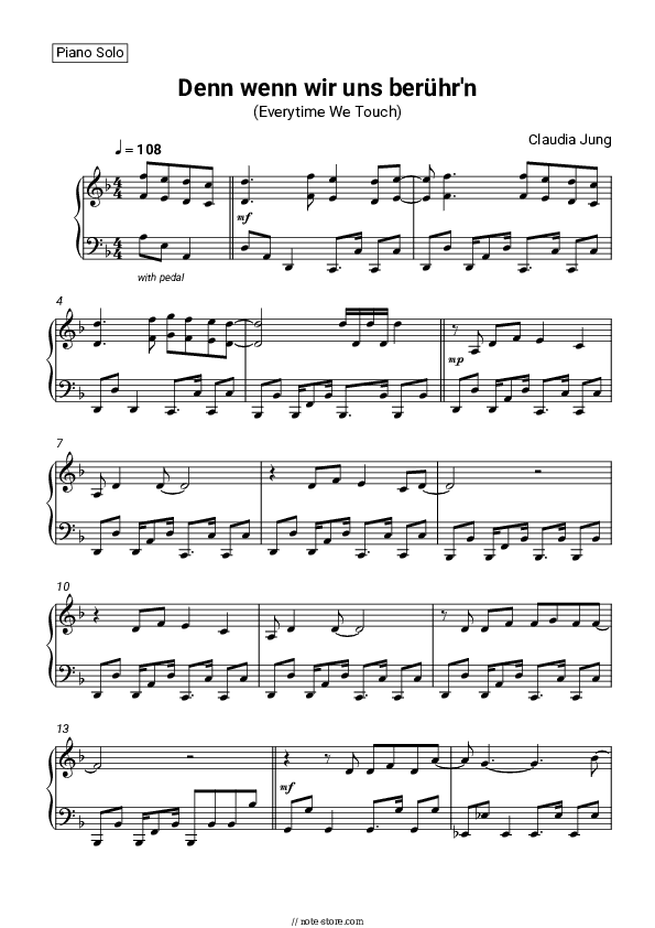 Denn wenn wir uns berühr'n (Everytime We Touch) - Claudia Jung Piano Sheet Music - Piano.Solo