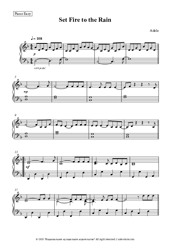 Set Fire To The Rain - Adele Piano Sheet Music Easy - Piano.Easy