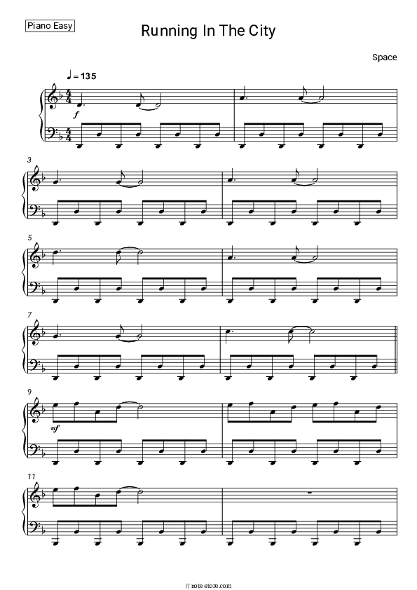 Running In The City - Space Piano Sheet Music Easy - Piano.Easy