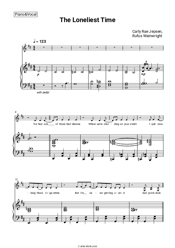 The Loneliest Time - Carly Rae Jepsen, Rufus Wainwright Piano Sheet Music with the Voice part - Piano&Vocal