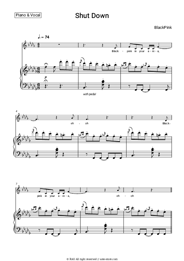 Shut Down - BlackPink Piano Sheet Music with the Voice part - Piano&Vocal