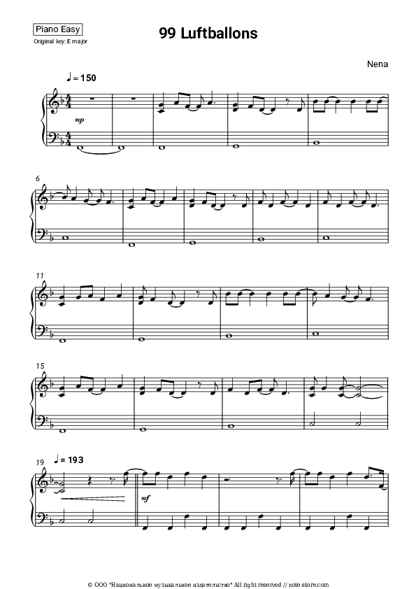 99 Luftballons - Nena Piano Sheet Music Easy - Piano.Easy