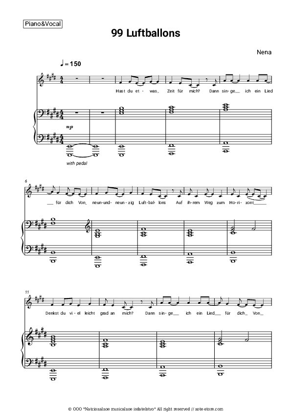 99 Luftballons - Nena Piano Sheet Music with the Voice part - Piano&Vocal