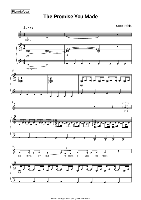 The Promise You Made - Cock Robin Piano Sheet Music with the Voice part - Piano&Vocal