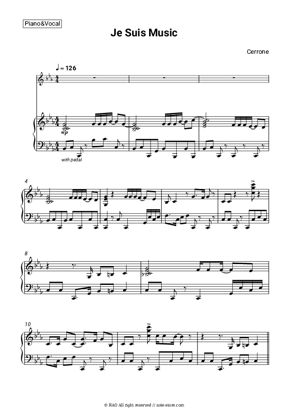 Je Suis Music - Cerrone Piano Sheet Music with the Voice part - Piano&Vocal