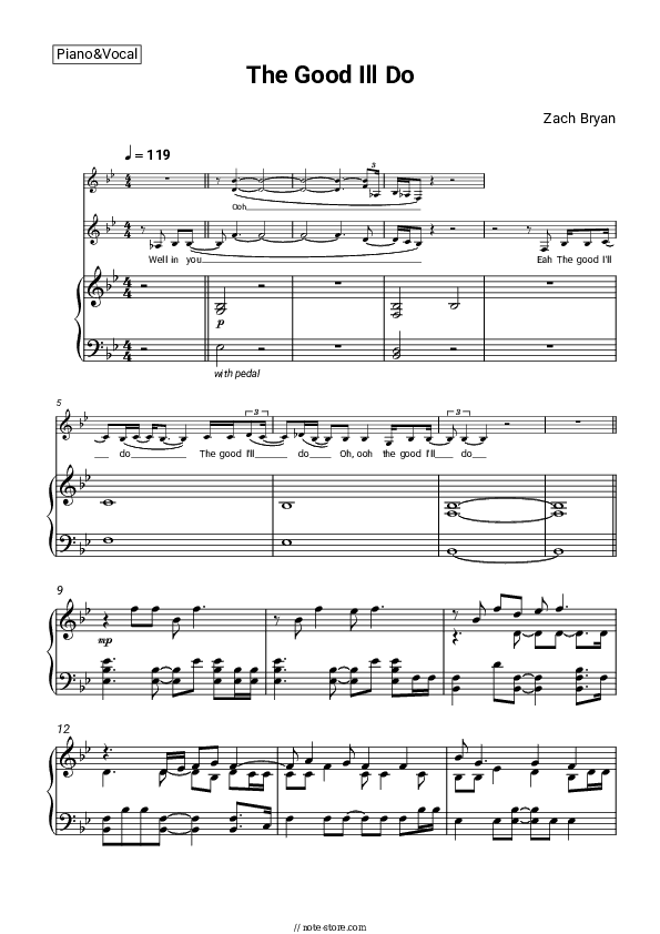 The Good I'll Do - Zach Bryan Piano Sheet Music with the Voice part - Piano&Vocal