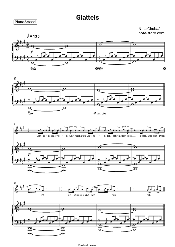 Glatteis - Nina Chuba Piano Sheet Music with the Voice part - Piano&Vocal