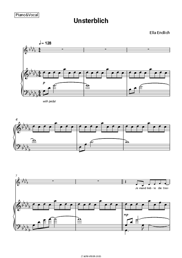 Unsterblich - Ella Endlich Piano Sheet Music with the Voice part - Piano&Vocal