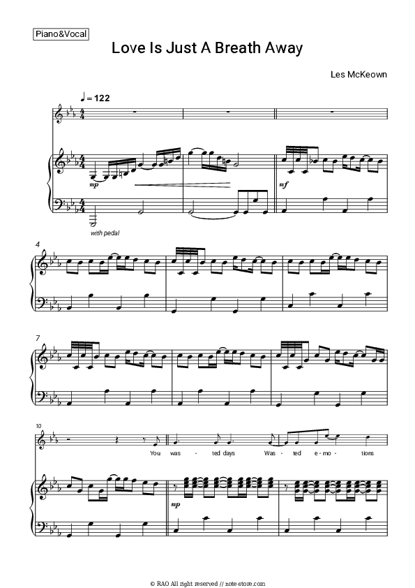 Love Is Just A Breath Away - Les McKeown Piano Sheet Music with the Voice part - Piano&Vocal